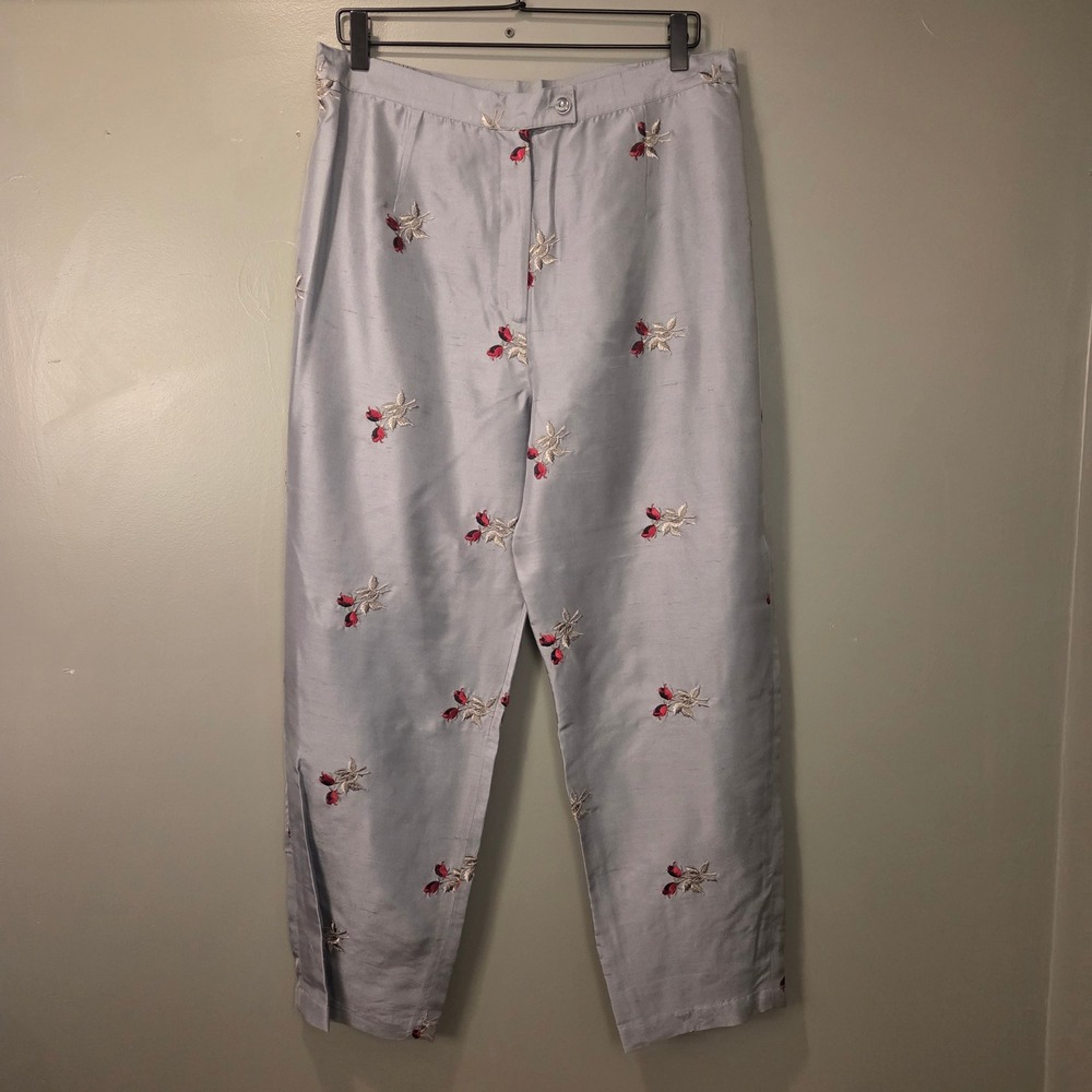 Silks by ISC Women's Silk Embroidered Floral Print Trousers Size L High Waist